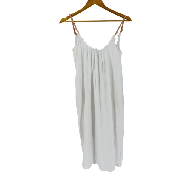 Barine Dresses & Skirts - Barine White Gauze Cotton Pink Rope Strap Midi Dress Size L Beachy Boho Natural